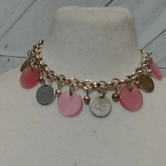 Pink and Silver Toned Circular Dangle Costume Jewelry Toggle Bracelet - Picture 1 of 4
